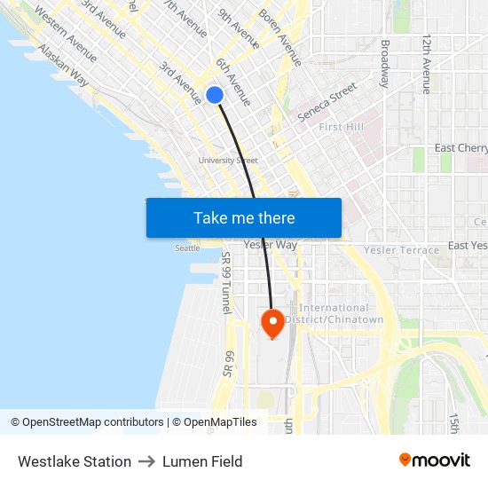 Westlake Station to Lumen Field map