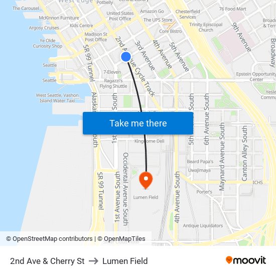 2nd Ave & Cherry St to Lumen Field map