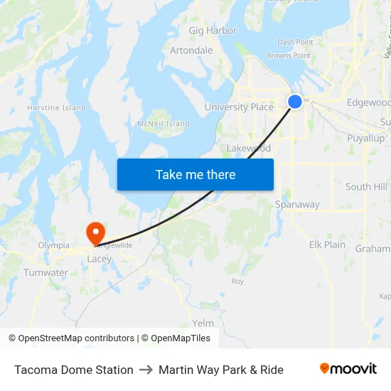 Tacoma Dome Station to Martin Way Park & Ride map
