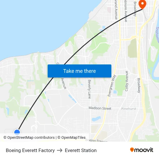Boeing Everett Factory to Everett Station map