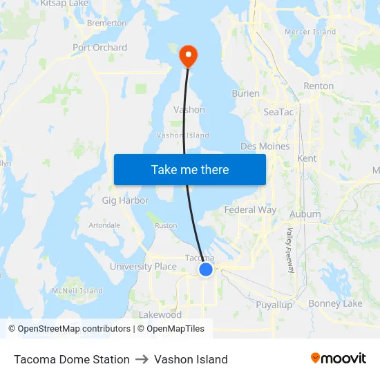 Tacoma Dome Station to Vashon Island map