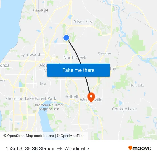 153rd St SE SB Station to Woodinville map