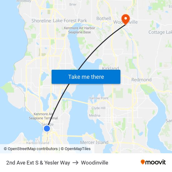 2nd Ave Ext S & Yesler Way to Woodinville map