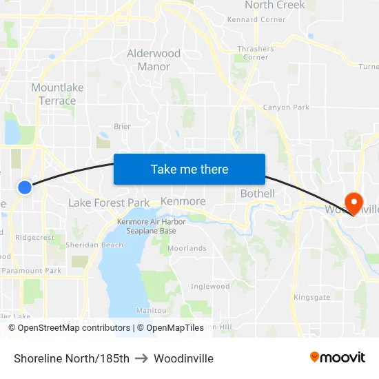 Shoreline North/185th to Woodinville map