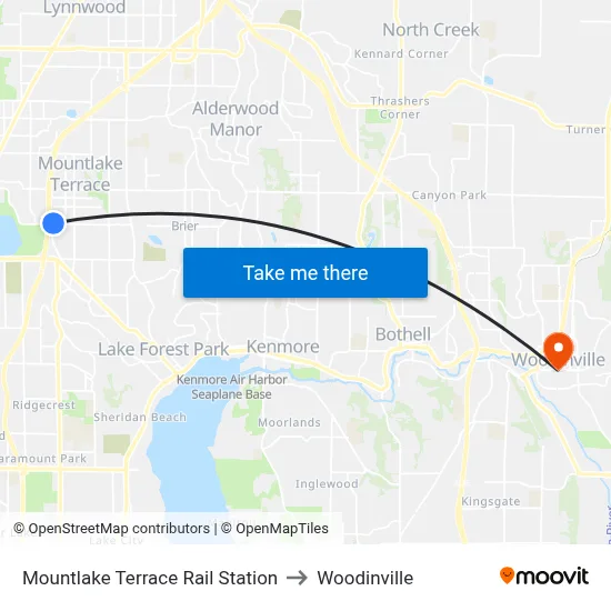 Mountlake Terrace Rail Station to Woodinville map