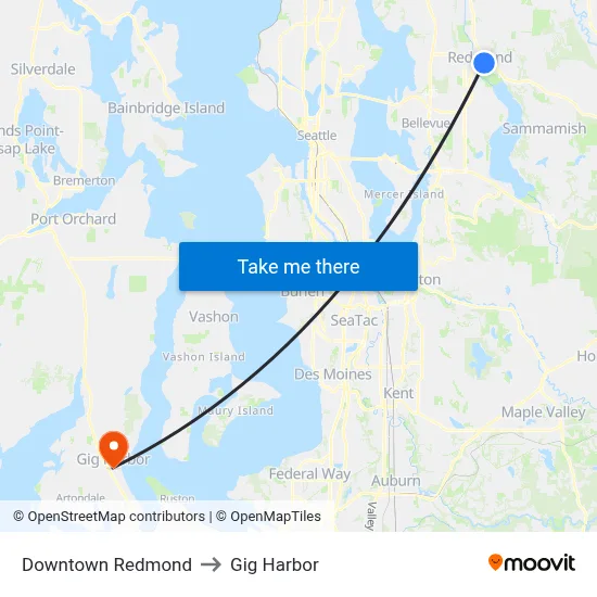 Downtown Redmond to Gig Harbor map