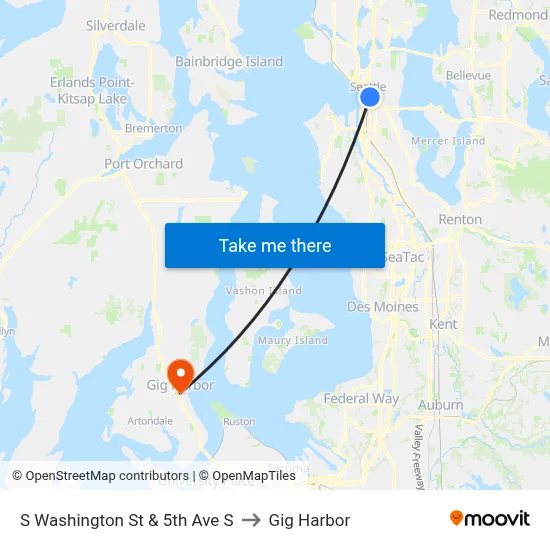 S Washington St & 5th Ave S to Gig Harbor map