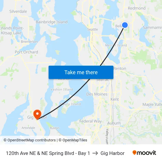 120th Ave NE & NE Spring Blvd - Bay 1 to Gig Harbor map