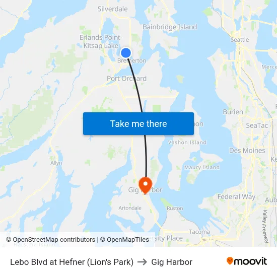 Lebo Blvd at Hefner (Lion's Park) to Gig Harbor map