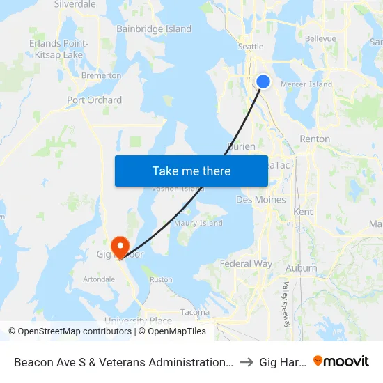 Beacon Ave S & Veterans Administration Hospital to Gig Harbor map