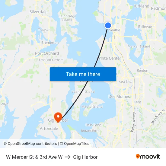 W Mercer St & 3rd Ave W to Gig Harbor map
