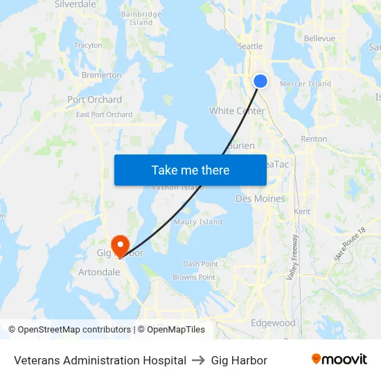 Veterans Administration Hospital to Gig Harbor map