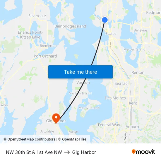 NW 36th St & 1st Ave NW to Gig Harbor map