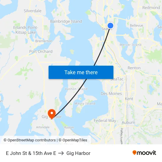 E John St & 15th Ave E to Gig Harbor map
