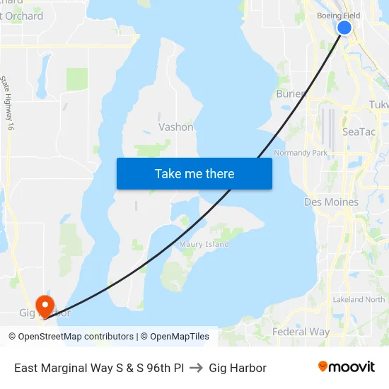 East Marginal Way S & S 96th Pl to Gig Harbor map