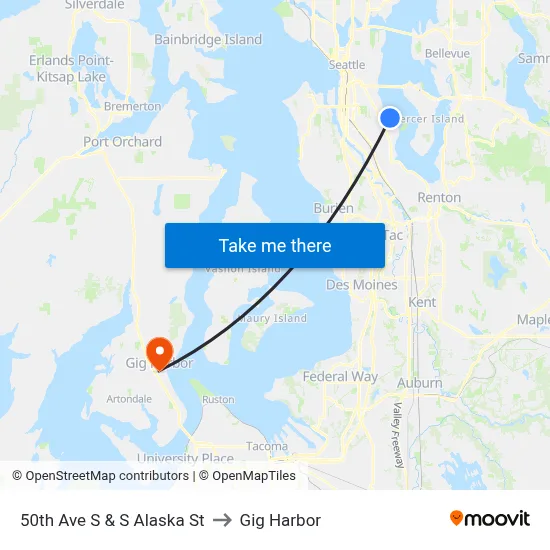 50th Ave S & S Alaska St to Gig Harbor map