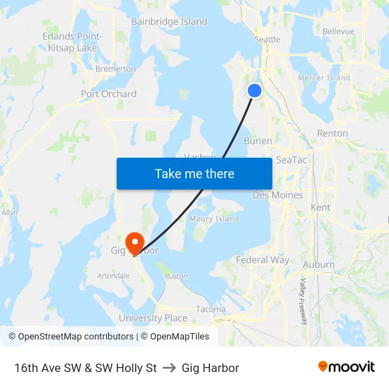 16th Ave SW & SW Holly St to Gig Harbor map