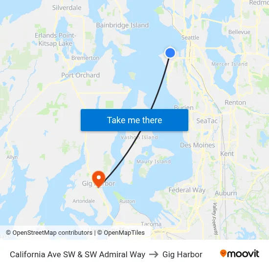 California Ave SW & SW Admiral Way to Gig Harbor map