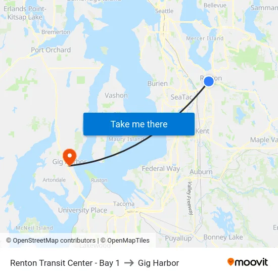 Renton Transit Center - Bay 1 to Gig Harbor map