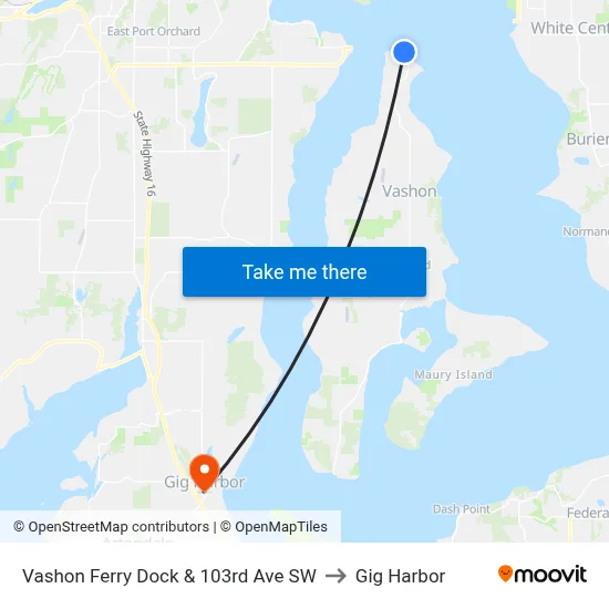 Vashon Ferry Dock & 103rd Ave SW to Gig Harbor map