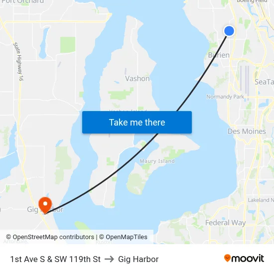 1st Ave S & SW 119th St to Gig Harbor map
