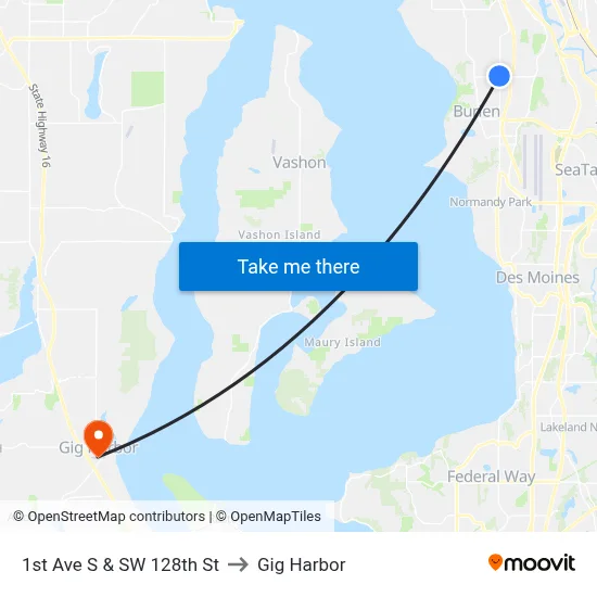 1st Ave S & SW 128th St to Gig Harbor map
