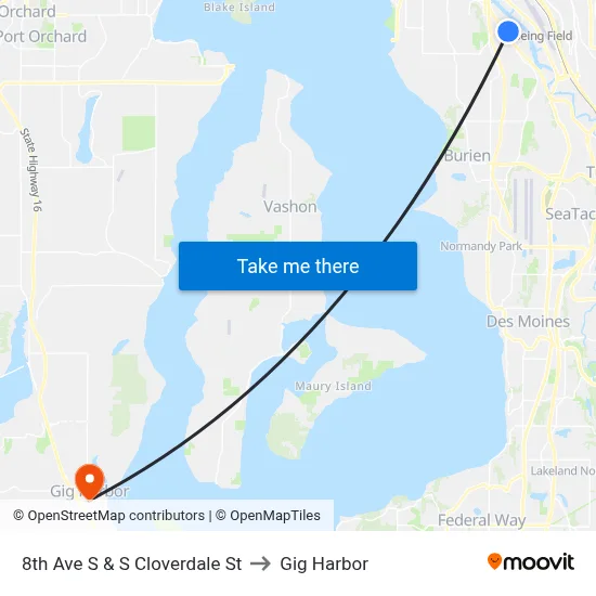 8th Ave S & S Cloverdale St to Gig Harbor map