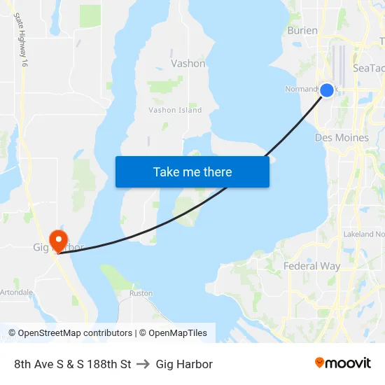 8th Ave S & S 188th St to Gig Harbor map