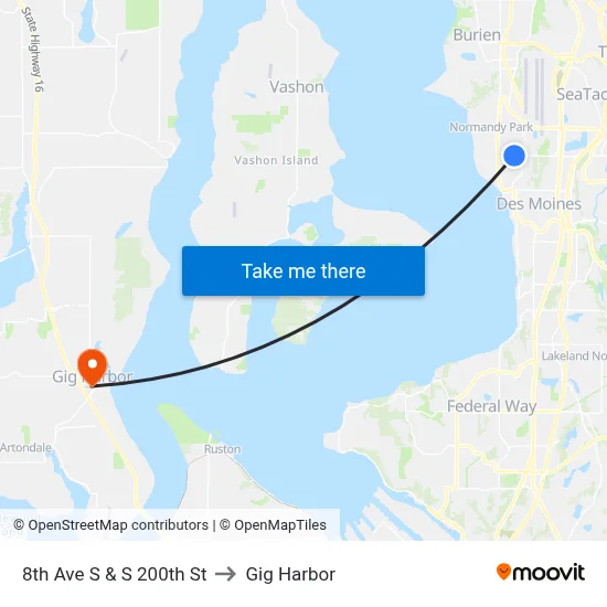 8th Ave S & S 200th St to Gig Harbor map