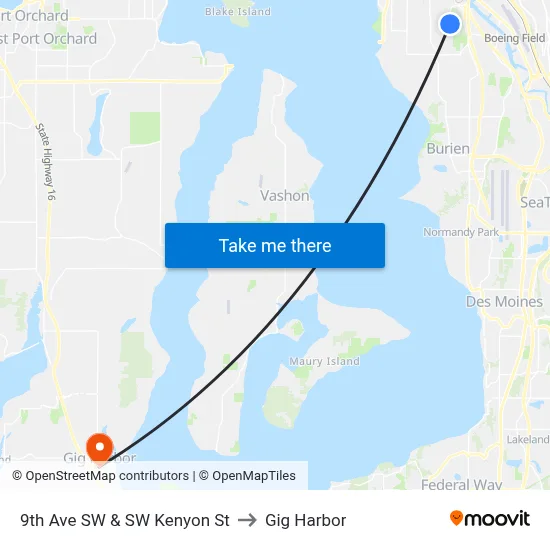 9th Ave SW & SW Kenyon St to Gig Harbor map