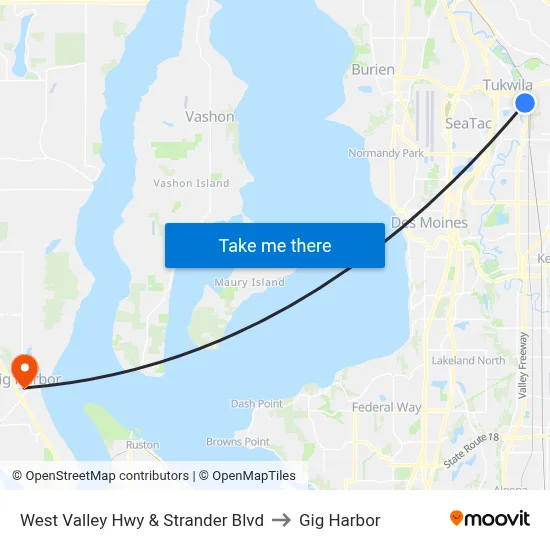 West Valley Hwy & Strander Blvd to Gig Harbor map