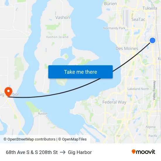 68th Ave S & S 208th St to Gig Harbor map