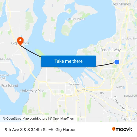 9th Ave S & S 344th St to Gig Harbor map