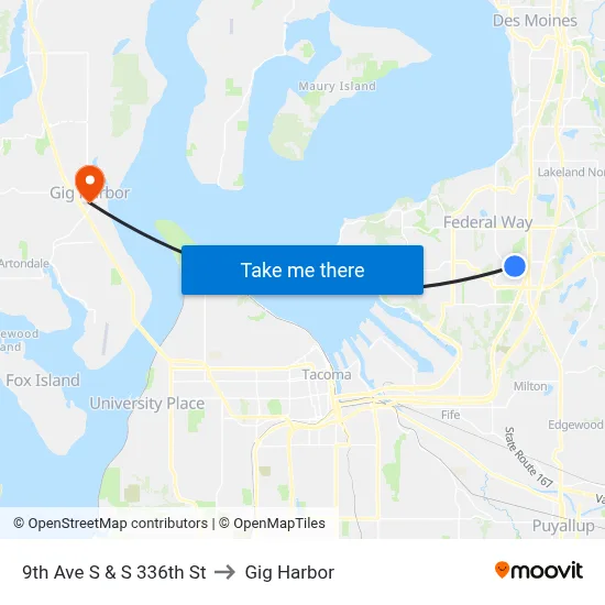 9th Ave S & S 336th St to Gig Harbor map