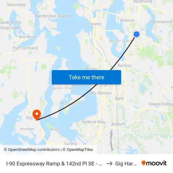 I-90 Expressway Ramp & 142nd Pl SE - Bay 4 to Gig Harbor map