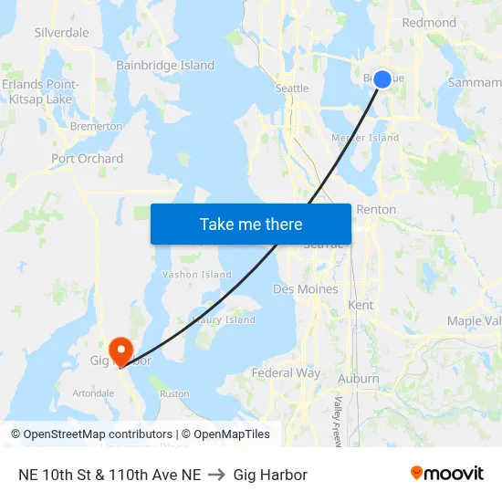 NE 10th St & 110th Ave NE to Gig Harbor map
