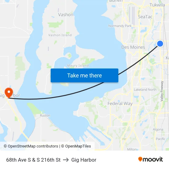 68th Ave S & S 216th St to Gig Harbor map