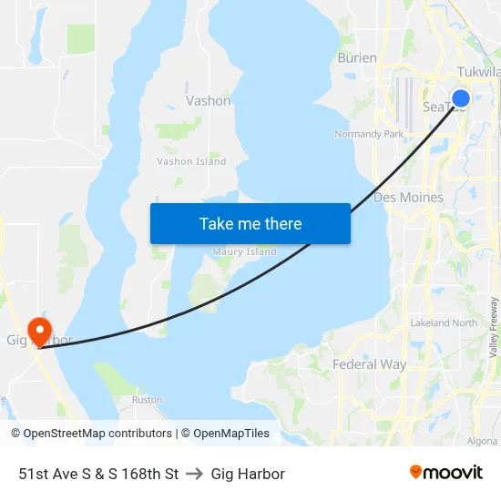 51st Ave S & S 168th St to Gig Harbor map