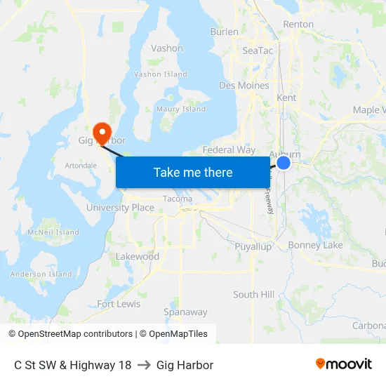 C St SW & Highway 18 to Gig Harbor map