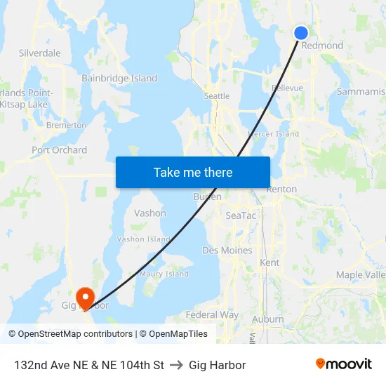 132nd Ave NE & NE 104th St to Gig Harbor map