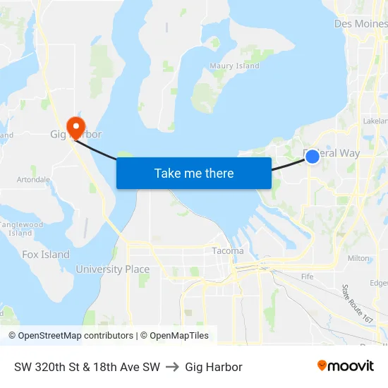 SW 320th St & 18th Ave SW to Gig Harbor map