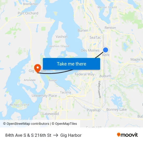 84th Ave S & S 216th St to Gig Harbor map