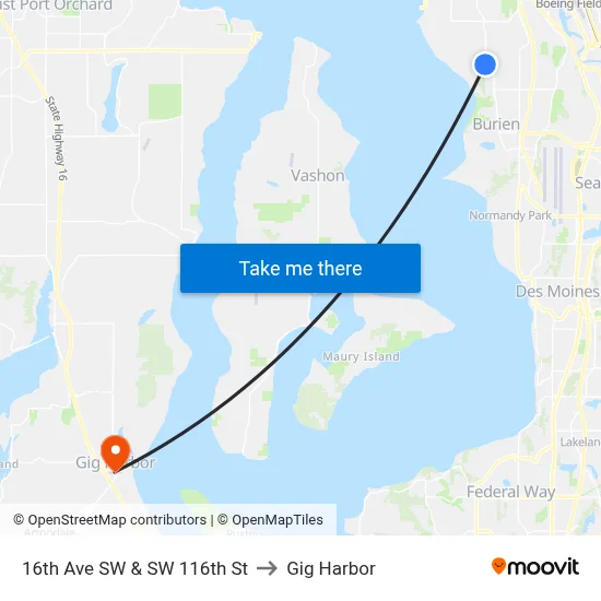 16th Ave SW & SW 116th St to Gig Harbor map