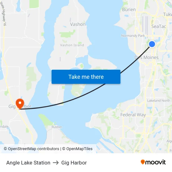 Angle Lake Station to Gig Harbor map