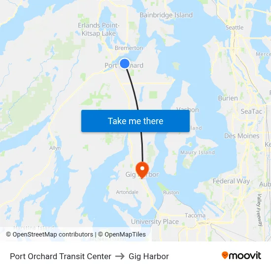 Port Orchard Transit Center to Gig Harbor map