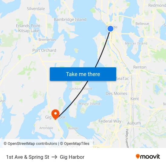 1st Ave & Spring St to Gig Harbor map