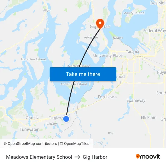 Meadows Elementary School to Gig Harbor map