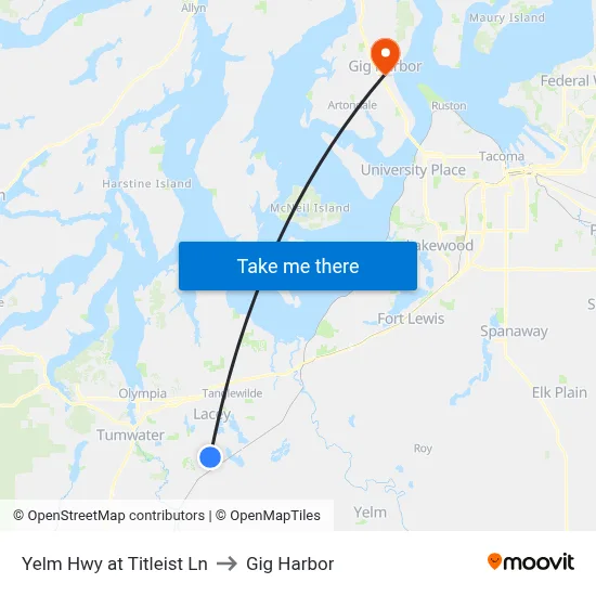 Yelm Hwy at Titleist Ln to Gig Harbor map