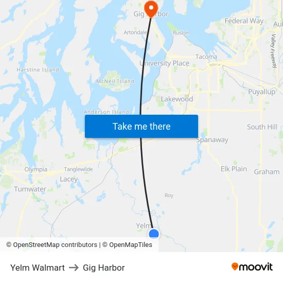 Yelm Walmart to Gig Harbor map