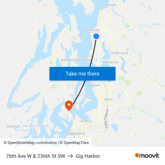 76th Ave W & 236th St SW to Gig Harbor map